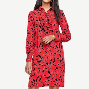 Ann Taylor Red Navy Floral Ruffle Shirtdress